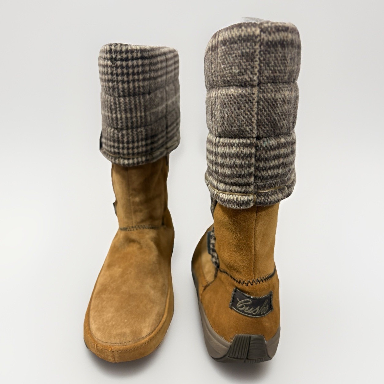 Cushe Women's Suede Fold Over Winter Boots Size 7 Tan Plaid Cuff Cozy Lined Zip